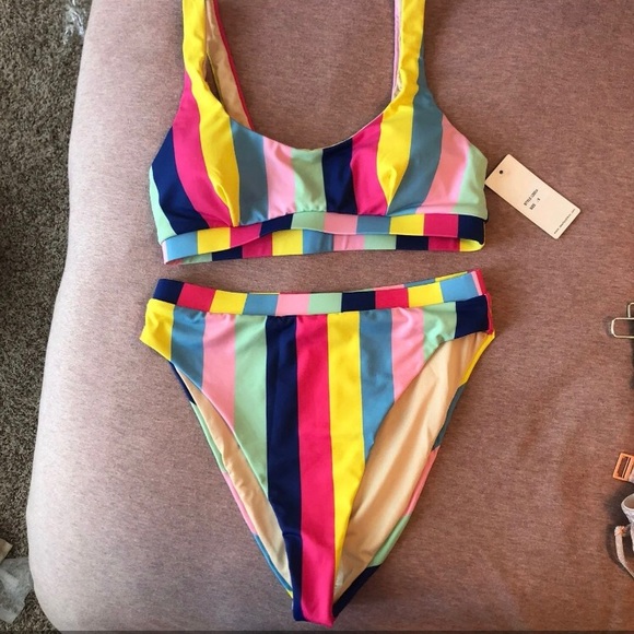 Striped High Cut High Waist Bikini Pink Lily #NWT - Picture 2 of 12
